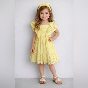 ZARA Kids Yellow Eyelet Dress embroidered Flutter Sleeve Girls Size 8